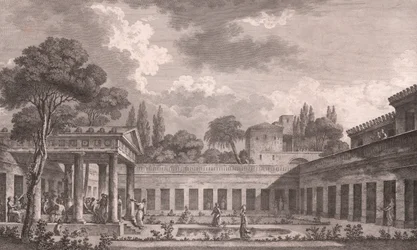 Ideální rekonstrukce Diomedovy vily v Pompejích do původního stavu před erupcí sopky Vesuv v roce 79 n. l., Kampánie, Itálie, lept podle kresby Louis Jean Desprez (1743-1804), cca 21x34 cm