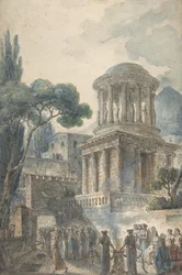 Starověká scéna s pohřebním obřadem pro herce, ca. 1777.
