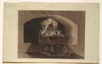 Kresba, Hrob v egyptském stylu s kariatidami a lvem, asi 1779-84