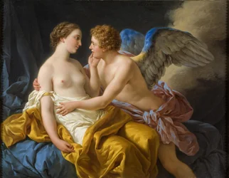 Cupid and Psyche (Amor a Psyche). Obraz Louis Jean Francois Lagrenee (1725-1805), olej na dřevě, před 1805. Francouzské umění 19. století, klasicismus. Nationalmuseum, Stockholm (Švédsko).