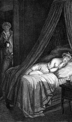 Nebezpečné odkazy Choderlose de Laclose (dopis 96). Valmont a Cecile de Volanges. Ilustrace vyryla Masquelier podle mademoiselle Gérard.