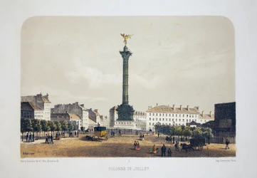 Column de July (Place de la Bastille), Paříž. Litografický akvarel, ilustrace Arnout, v „Album, souvenirs de Paris“, editor Daziaro, Paris