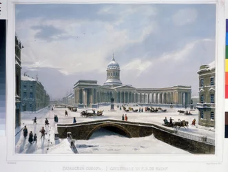 Kazaňská katedrála v Petrohradu. Litografie Louis Jules Arnout (1814-1868), kolorovaná akvarelem, cca 1840. Francouzské umění, klasicismus. A. Pushkin Memorial Museum, Petrohrad.