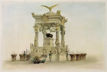 Rakev Napoleona I. Bonaparte (1769-1821) v kostele Invalidovna (Paříž, Francie). (Napoleonova rakev v kostele na Invalidovně). Dílo Louise Julese Arnouta (1814-1868), litografie a akvarel. Francouzské umění 19. století, klasicismus.