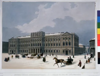 Mariinský palác na náměstí svatého Izáka v Petrohradě. Litografie Louis Jules Arnout (1814-1868), kolorovaná akvarelem, kolem 1840. Francouzské umění, klasicismus. A.Push