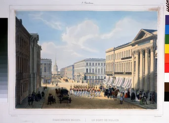 Policejní most v Petrohradě, při pohledu z Něvského prospektu ze Stroganovského paláce. Litografie Louis Jules Arnout (1814-1868), kolorovaná