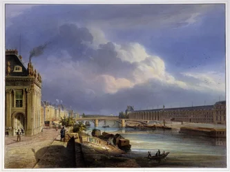 Pont du Carrousel a velká galerie Louvre - v „Paříži roku 1837“ od Arnouta