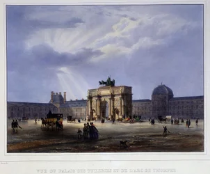 Pohled na Tuilerijský palác a kolotoč - v knize "Paris en 1837", Arnout