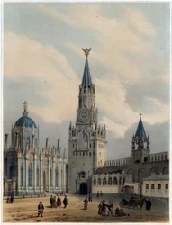 ""Pohled na věž Nejsvětějšího Spasitele (nebo Spasskaia Tower) a na Rudé náměstí, kreml, Moskva"" (Spaská věž (brány Spasitele) a klášter Nanebevzetí svaté Kateřiny v moskevském Kremlu) Litografie od Louise Jules Arnout (1814-1868) - 1