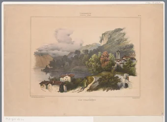Pohled na jezero Trasimeno v Itálii Lac Trasimene (název na objektu) Vzpomínky z Itálie od Villeneuvea (název série) Villeneuve. Souvenirs d