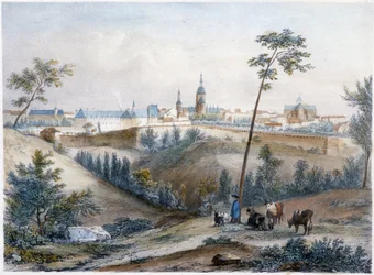 Bouvier na bretaňském venkově (Dinan v dálce) - litografie Jacottet a Benoist