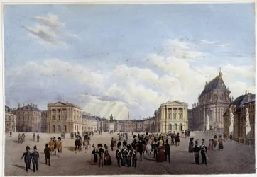 Hlavní nádvoří paláce ve Versailles - v ""Procházka v Paříži a okolí"", navržený Jacottet a Benoist, c. 1840
