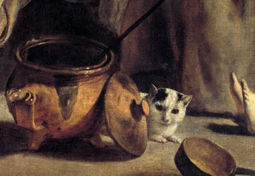 Rodina rolníků v interiéru Detail představující kočku a měděné hrnce. Obraz Ludvíka Naina (1593-1648) 17. stol
