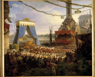 Vjezd Karla X. do Paříže po korunovaci dne 6/06/1825. Královský kočár vítá u Barrière de la Villette pařížská městská správa vedená prefektem departementu Seina, hrabětem de Chabrol