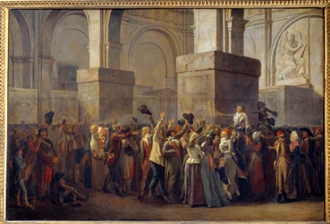 Francouzská revoluce; “” Triumph of Marat”” Zástupce Jean Paul Marat (1743-1793) byl triumfován lidmi po jeho zproštění viny Revolučním tribunálem v roce 1793. Obraz na maruflovém papíře od Louise Leopolda Boillyho (1761-1845) 18. století Sun. 0,8x1,2