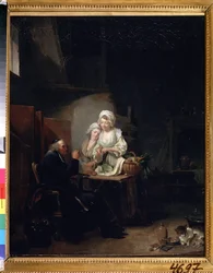 ""Starý vikář"" (starý kurát) Dvě ženy pomáhají starému kurátovi v kuchyni. Obraz Louis-Leopold (Louis Leopold) Boilly (1761-1845) 1785-1800 Puškinovo muzeum, Moskva