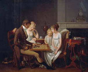 Obraz rodinné hry dáma, cca 1803, Louis Leopold Boilly (1761-1845), olej na plátně, Francie