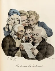 Čtení rytiny závěti od Louise-Leopolda Boillyho (Louis Leopold Boilly