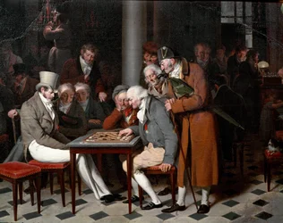 Uvnitř kavárny je napsáno „dámská párty v Cafe Lamblin“ v Palais Royal v Paříži. Detail. Obraz Louis Leopold Boilly (1761-1845), kolem 1820. Slunce 0,38x0,55 m Chantilly, musee Conde