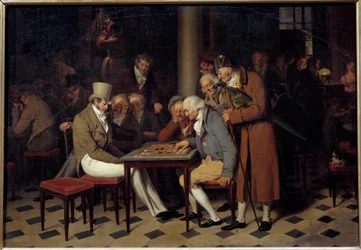 Interiér kavárny říká dámská párty v Cafe Lamblin v Palais Royal v Paříži Obraz Louis Leopold Boilly (1761-1845) Slunce 19. století. 0,38x0,55 m Chantilly, Musee Conde