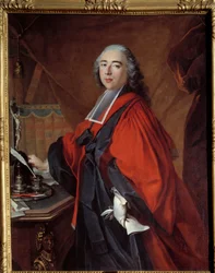 Portrét soudce. Na stole má krucifix a psací potřeby. Obraz Louis Tocque (1696-1772)