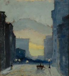 East Side, New York, kolem roku 1908 (olej na papíře na dřevovláknité desce)