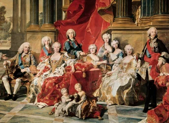Philip V obklopený svou rodinou. Detail obrazu Louis Michel van Loo