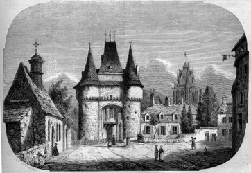 Architektura: pohled na bránu Saint Julien (1460-1483), v pozadí pohled na gotický kostel Notre Dame des Marais (1450-1623). La Ferte Bernard, Sarthe (72)