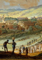 Detail: “” Pohled na město Cape francais (Cap de la Republique) pohled na kopec v Santo Domingu”” Detail. Obraz Louis Nicolas Van Blarenberghe (1716-1794) 1779 La Rochelle, Muzeum Nového světa.