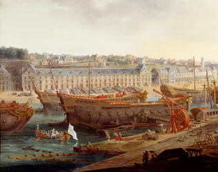 Loděnice: “” Přístav Brest”” Detail. Obraz Louise Nicolase van Blarenberghe (1716-1794) 1774 Brest, Musee des Beaux Arts