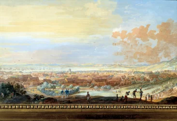 Pohled na město Cap francais (Cap de la Republique) pohled z kopce v detailu Santo Domingo. Obraz Louis Nicolas Van Blarenberghe (1716-1794) 1779 La Rochelle, Muzeum Nového světa.