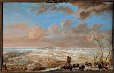 Válka o dědictví Rakouska (1741-1748): “” Obléhání Bruselu pod sněhem marechalem Saska od 7. do 20. února 1746”” Kvaš Louis Nicolas Van Blarenberghe (1716-1794) 1781 Ne. 0,59x0,94 m Versailles, muzeum zámku