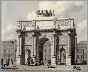 Pohled na vítězný oblouk kolotoče v Paříži. Kresba perem a tuší s lazurou od Pierra Louise Balarda (1764 - 1846)