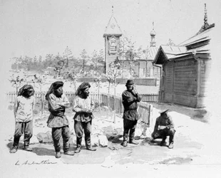Rolníci z malé ruské vesnice s moskytiérou na obličeji a transsibiřským nádražím. 1913. Ill. de Sabatier