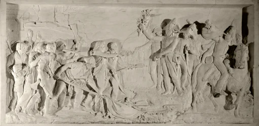 Válka Vendee: pacifikace Vendee generálem Lazarem Hochem (1768-1797) v roce 1796. Nízký reliéf v mramoru vyřezaný Simonem Louisem Boizotem (1743-1809). 1800. Versailles, zámecké muzeum