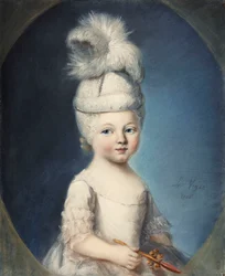 Portrét markýze de Fleury jako nemluvně ve vycpaném klobouku s chocholem, držícího zlaté a korálové chrastítko, 1762