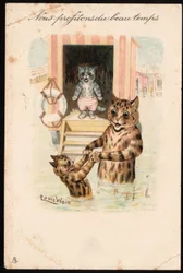 Využíváme dobrého počasí. Zvířata v lidském držení těla. Kočičí mořská koupel na dovolené. Pohlednice. Chromolitograf od Louise Waina (1860-1939), anglického umělce známého svým zobrazením koček s velkýma očima. Začátek 20. století. Límec