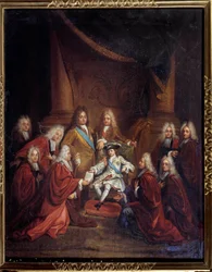 Král Ludvík XV. (1710-1774) dítě udělující šlechtické listy městskému orgánu v roce 1716 Obraz Louis Boullogne the Jeune (1654-1733) 1716 Sun. 0,66x0,55 m Paříž, Musee Carnavalet