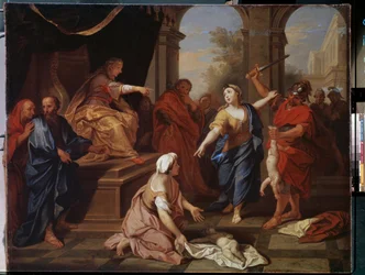 ""Soud Šalamounův"" Dvě ženy tvrdí, že jsou matkou stejného dítěte. Obraz Louise de Boullogne mladšího (1654-1733) 1710 Puškinovo muzeum, Moskva
