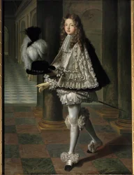 Portrét en pied de Louis Alexandre de Bourbon, hrabě z Toulouse v novickovském oděvu Ducha svatého (Řád Ducha svatého) (1678-1737), legitimní syn Ludvíka XIV. a Francoise Athenais (Francoise-Athenais) od Rochechouarta Mortemarta, markýza z Mont