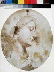 ""Visage de Vierge"" (Hlava Panny) Sanguine Kresba od Louise de Boullogne II mladšího (1657-1733) Puškinovo muzeum, Moskva