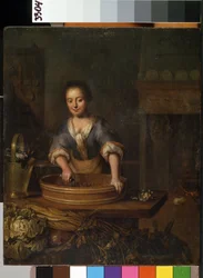 ""Kuchař"" (Kuchař) Mladá kuchařka ve venkovské kuchyni připravuje zelí. Obraz Louis de Moni (1698-1771) Mikalojus Konstantinas Ciurlionis Fine Arts Museum, Kaunas, Litva