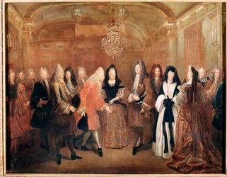 Francouzský král Ludvík XIV. přijímá prince Fridricha Augusta I. na zámku Fontainebleau (obraz