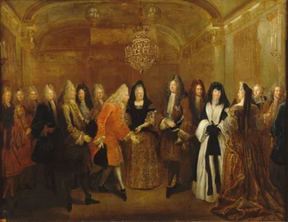 Ludvík XIV. přijímá prince Augusta, budoucího polského krále a saského kurfiřta, kolem roku 1714.