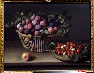 Broskev, jahody a košík ovoce Obraz Louise Moillon (1610-1696) Toulouse ze 17. století, Musee des Augustins