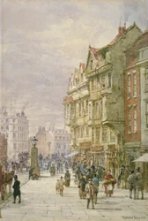 Pohled na východ podél Holbornu s postavami a vozidly taženými koňmi na ulici, Londýn, 1875