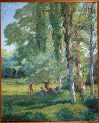 Pár na trávě pod topolem Obraz od Loyse Prata (1879-1934), 20. století. Olej na plátně. Donzere, radnice.