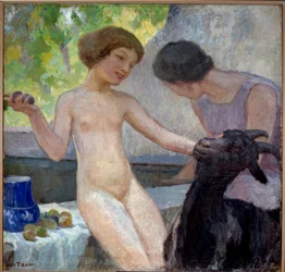 Nahá dívka hrající si s kozou. Obraz Josepha Loys Prata (1879-1934), 20. století. Donzere, radnice.