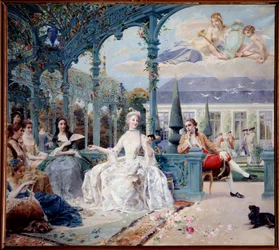 Mademoiselle de Clermont a hrabě z Melun v pavilonu Sylvie poblíž Chantilly Toto jsou dva protagonisté básní Theophila de Viau. Obraz Luc Olivier Merson (1846-1920) 1895 Ne. 1,88x2,10 m Chantilly, Musee Conde