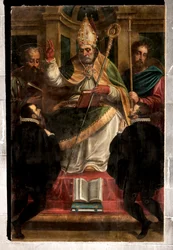 Janov, Duomo (katedrála svatého Vavřince): „St Gotthard mezi svatým Pavlem a svatým Jakubem a dvěma klečícími oddanými“ (1571), Luca Cambiaso (s přemalbami Carla Giuseppe Rattiho)